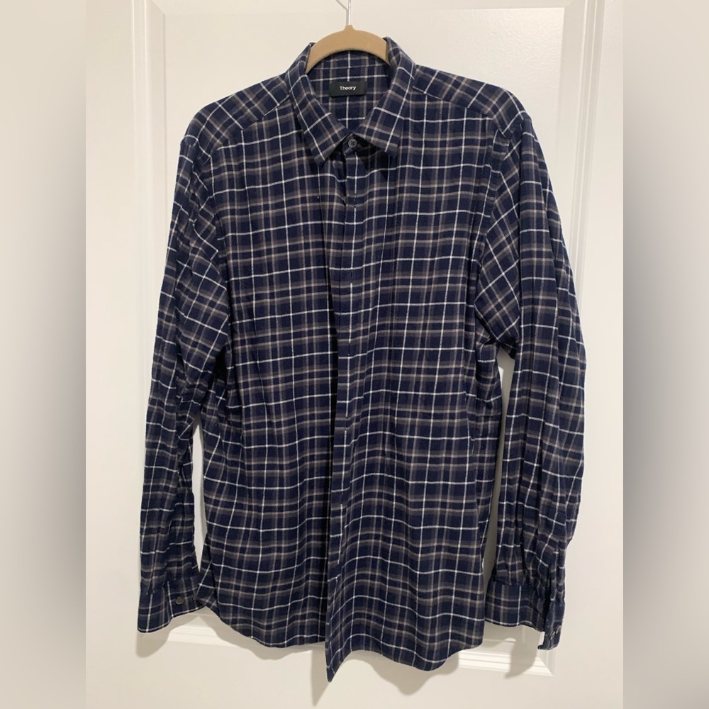 Navy blue plaid Theory button down shirt. Size Large.